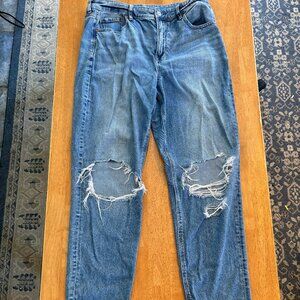 American Eagle Mom Jeans Women 14 Long High Rise Med Wash Faded Distressed